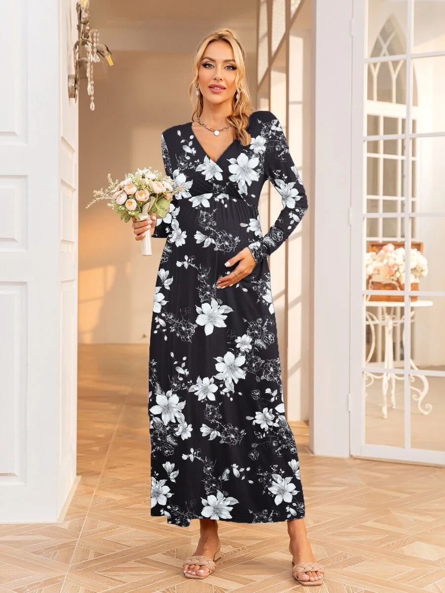 DEARCASE Maternity Floral Print Surplice Neck Dress - Multicolor - View 1