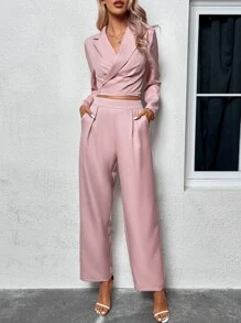 SHEIN Privé Bộ âu phục nữ Túi màu trơn Thanh lịch - Bụi hồng - Xem 2