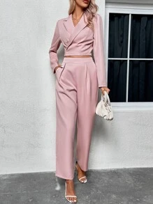 SHEIN Privé Bộ âu phục nữ Túi màu trơn Thanh lịch - Bụi hồng - Xem 3