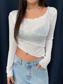 DAZY Lettuce Trim Asymmetrical Hem Crop Tee - White - View 1