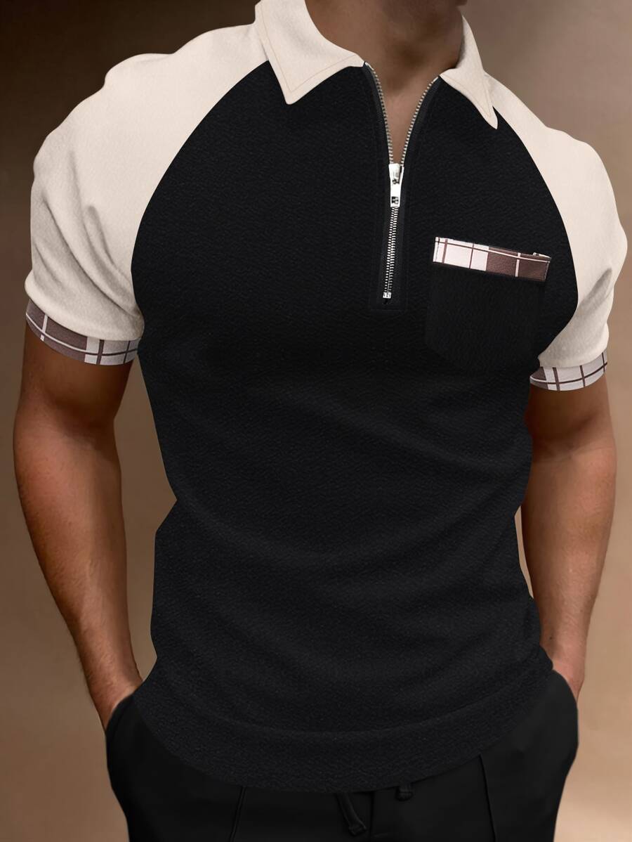 Manfinity Homme 男士格紋插肩袖POLO衫 - 黑色 - 查看 1
