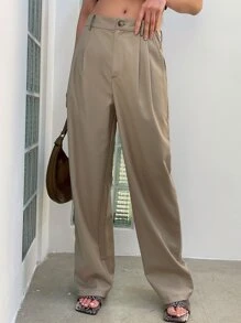 DAZY Fold Pleated Slant Pocket Suit Trousers - Khaki - View 1