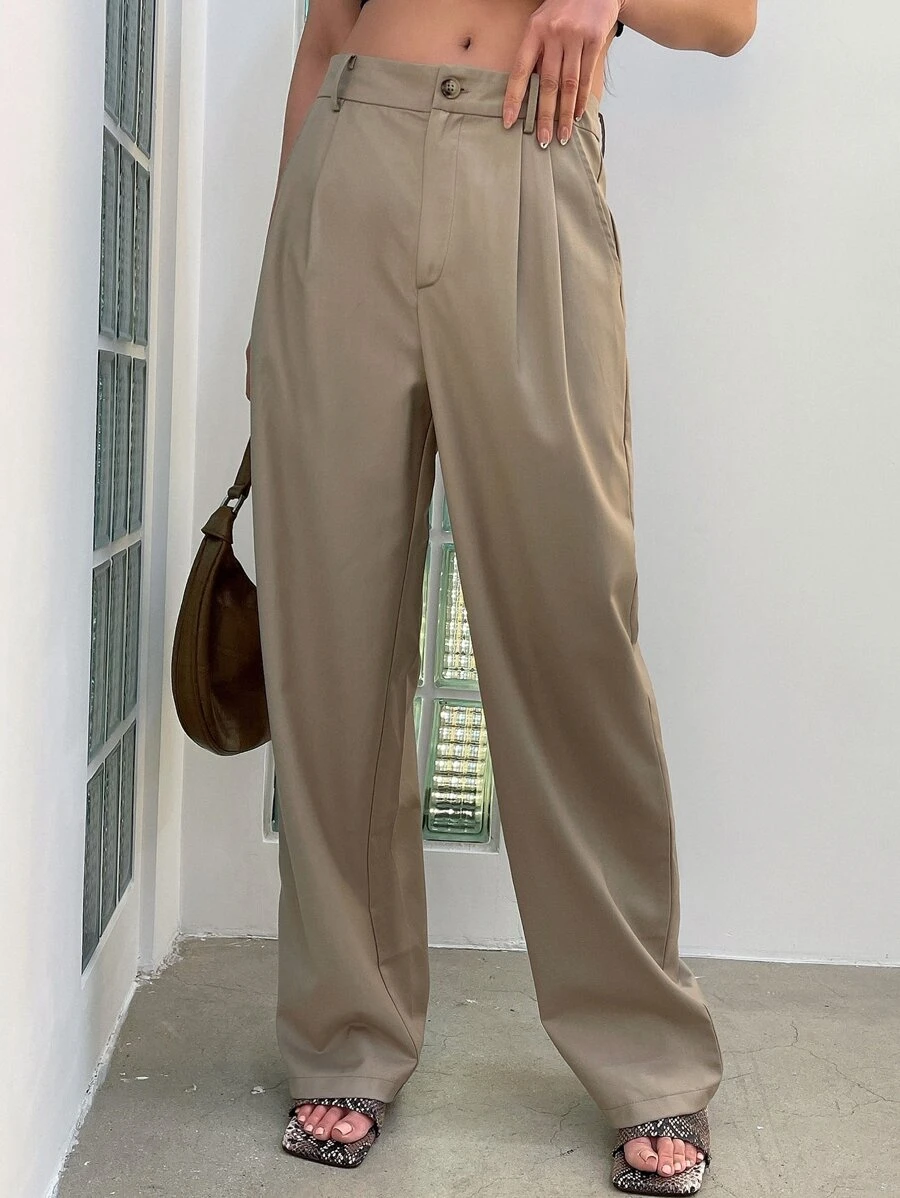 DAZY Fold Pleated Slant Pocket Suit Trousers - Khaki - View 1