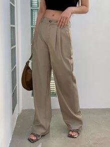 DAZY Fold Pleated Slant Pocket Suit Trousers - Khaki - View 2