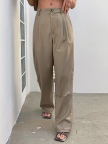 DAZY Fold Pleated Slant Pocket Suit Trousers - Khaki - View 3