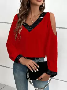 EMERY ROSE Contrast Sequin Cold Shoulder Blouse For New Year Clothes,Long Sleeve Tops Fall Cloth For Women - Red - View 1