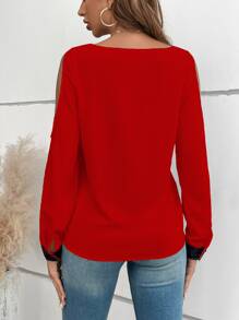 EMERY ROSE Contrast Sequin Cold Shoulder Blouse For New Year Clothes,Long Sleeve Tops Fall Cloth For Women - Red - View 2