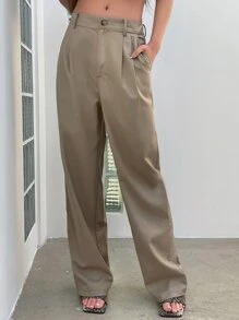 DAZY Fold Pleated Slant Pocket Suit Trousers - Khaki - View 5