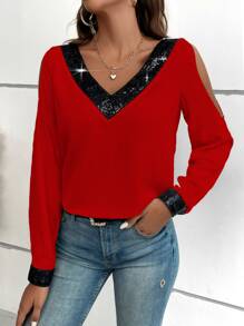EMERY ROSE Contrast Sequin Cold Shoulder Blouse For New Year Clothes,Long Sleeve Tops Fall Cloth For Women - Red - View 3