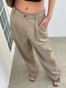 DAZY Fold Pleated Slant Pocket Suit Trousers - Khaki - View 6