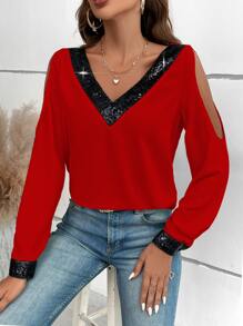 EMERY ROSE Contrast Sequin Cold Shoulder Blouse For New Year Clothes,Long Sleeve Tops Fall Cloth For Women - Red - View 4