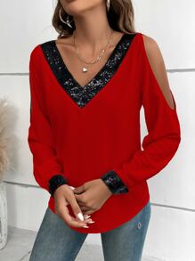 EMERY ROSE Contrast Sequin Cold Shoulder Blouse For New Year Clothes,Long Sleeve Tops Fall Cloth For Women - Red - View 5