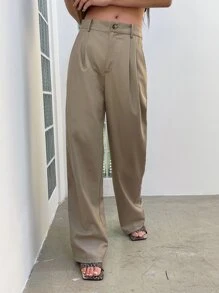 DAZY Fold Pleated Slant Pocket Suit Trousers - Khaki - View 8