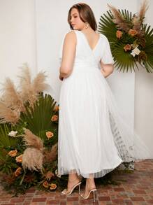 SHEIN Belle 大碼肩部打結網紗覆蓋蝴蝶袖婚紗洋裝 - 白色 - 查看 2