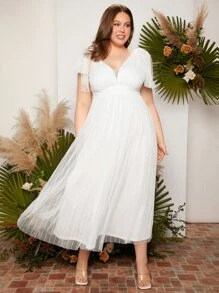 SHEIN Belle 大碼肩部打結網紗覆蓋蝴蝶袖婚紗洋裝 - 白色 - 查看 3