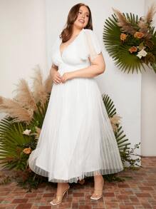 SHEIN Belle 大碼肩部打結網紗覆蓋蝴蝶袖婚紗洋裝 - 白色 - 查看 5