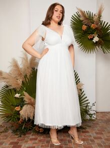 SHEIN Belle 大碼肩部打結網紗覆蓋蝴蝶袖婚紗洋裝 - 白色 - 查看 6