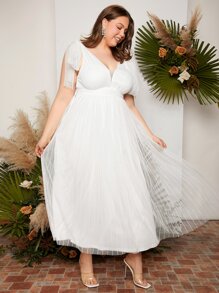 SHEIN Belle 大碼肩部打結網紗覆蓋蝴蝶袖婚紗洋裝 - 白色 - 查看 8