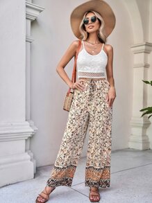 SHEIN VCAY Lace Cami Top & Floral Print Wide Leg Trousers - Multicolor - View 1