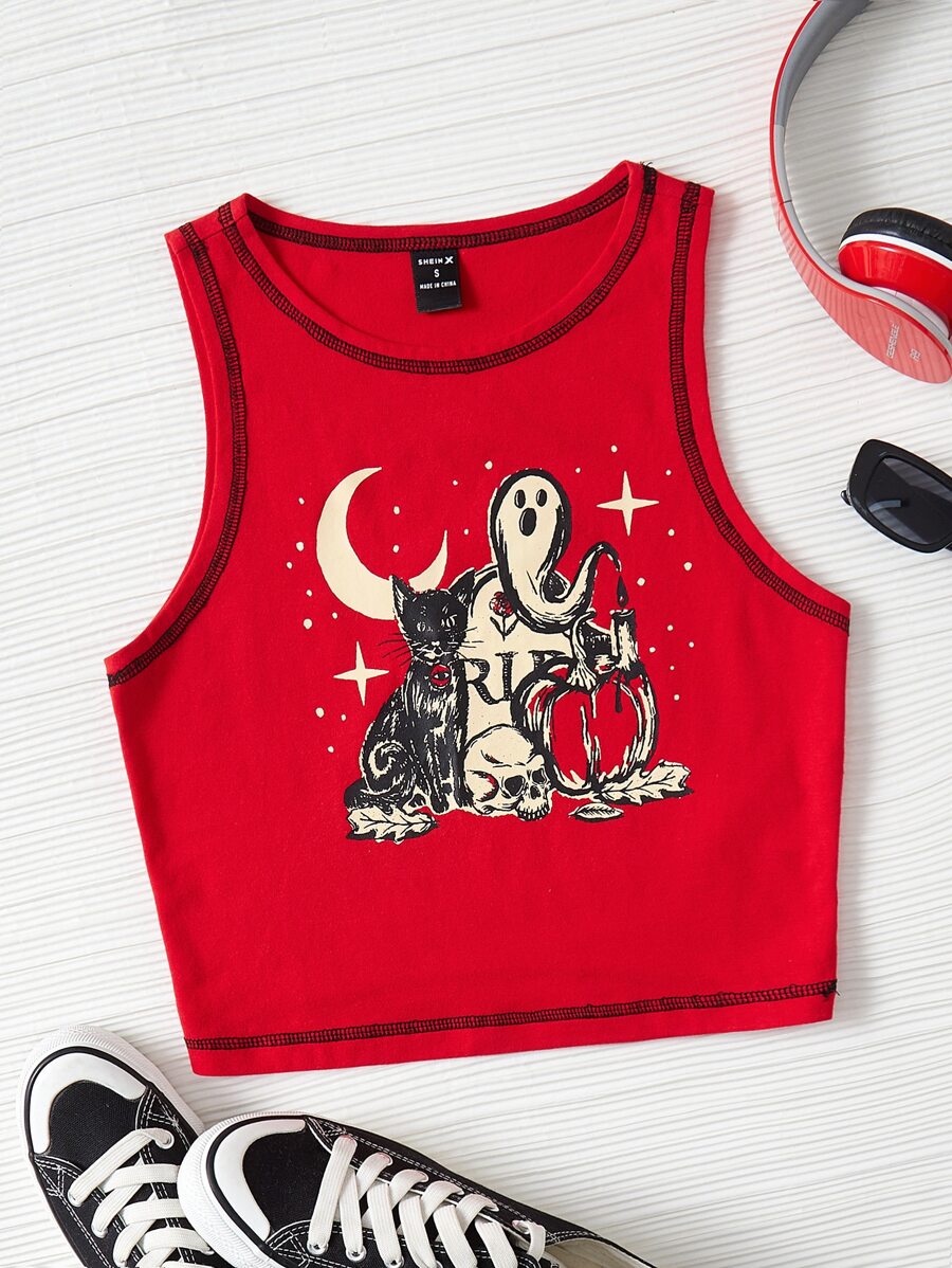 Mountain Vintage Press 萬聖印花頂針背心上衣 - 紅色 - 查看 1