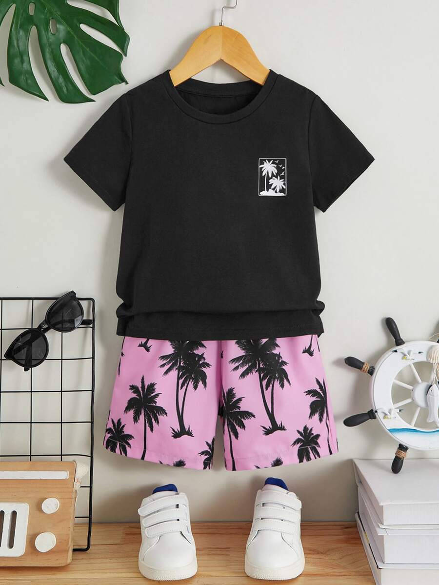 SHEIN Toddler Boys Coconut Tree Tee & Shorts - Multicolor - View 1