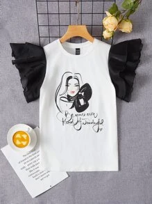 Patrizia Terranova Figure & Slogan Graphic Ruffle Trim Tee - White - View 1