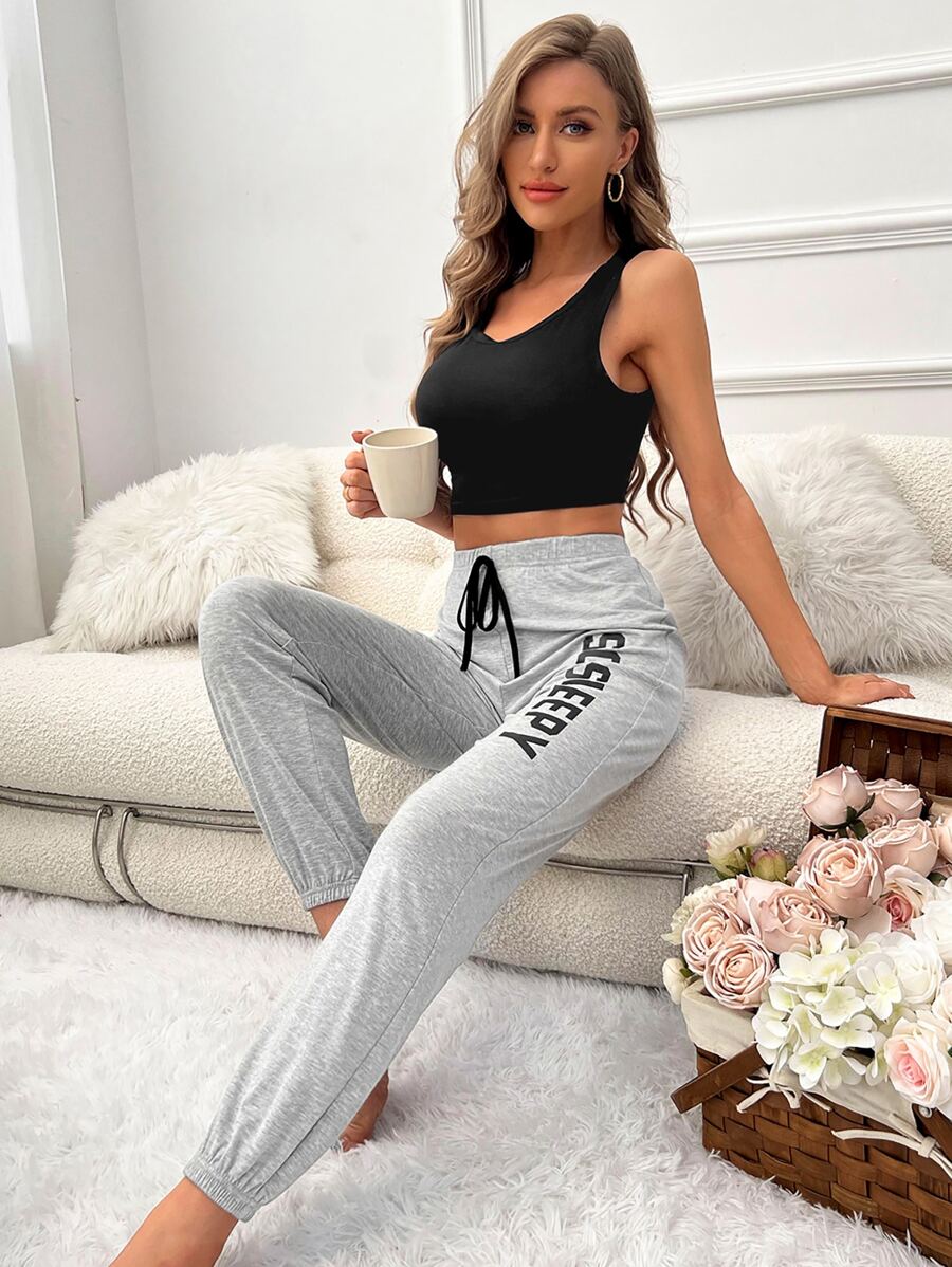 Letter Graphic Tie Waist Lounge Set - Multicolor - View 1