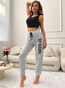 Letter Graphic Tie Waist Lounge Set - Multicolor - View 3