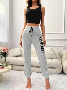 Letter Graphic Tie Waist Lounge Set - Multicolor - View 4