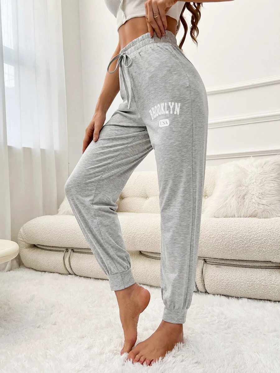 Letter Graphic Drawstring Waist Lounge Trousers - Light Grey - View 1