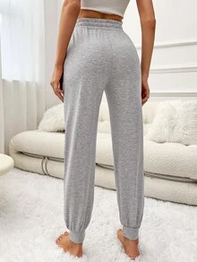 Letter Graphic Drawstring Waist Lounge Trousers - Light Grey - View 2