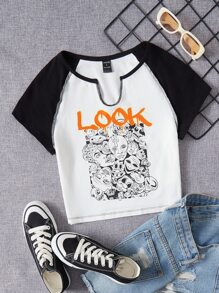 LOOK Letter & Figure Graphic Notched Neck Raglan Sleeve Tee - Black and White - View 1