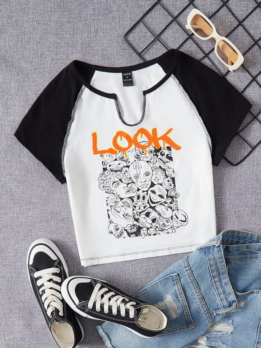 LOOK Letter & Figure Graphic Notched Neck Raglan Sleeve Tee - Black and White - View 1