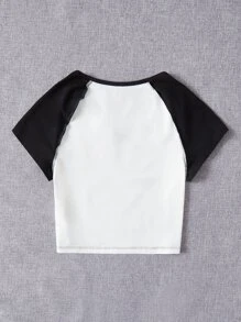 LOOK Letter & Figure Graphic Notched Neck Raglan Sleeve Tee - Black and White - View 2