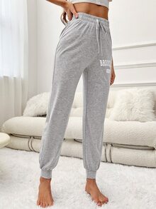 Letter Graphic Drawstring Waist Lounge Trousers - Light Grey - View 6