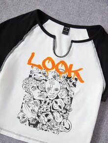 LOOK Letter & Figure Graphic Notched Neck Raglan Sleeve Tee - Black and White - View 3