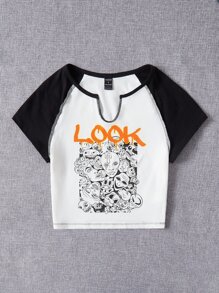 LOOK Letter & Figure Graphic Notched Neck Raglan Sleeve Tee - Black and White - View 4