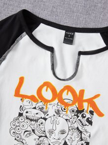 LOOK Letter & Figure Graphic Notched Neck Raglan Sleeve Tee - Black and White - View 5