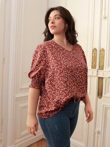 SHEIN Frenchy Áo sơ mi Plus Size viền lá sen Dải chun Họa tiết hoa Boho - Nhiều màu - Xem 1