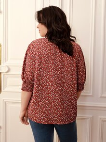 SHEIN Frenchy Áo sơ mi Plus Size viền lá sen Dải chun Họa tiết hoa Boho - Nhiều màu - Xem 2