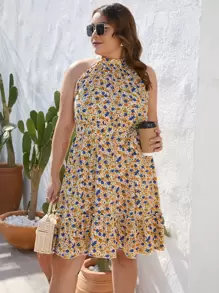 SHEIN Holidaya 大碼滿版印花荷葉邊連衣裙 - 彩色 - 查看 1