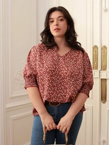 SHEIN Frenchy Áo sơ mi Plus Size viền lá sen Dải chun Họa tiết hoa Boho - Nhiều màu - Xem 4