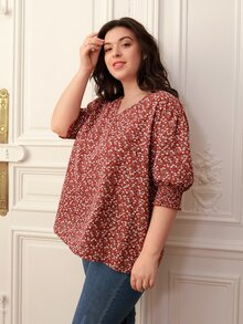 SHEIN Frenchy Áo sơ mi Plus Size viền lá sen Dải chun Họa tiết hoa Boho - Nhiều màu - Xem 5