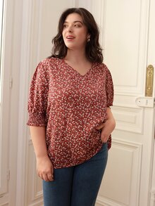SHEIN Frenchy Áo sơ mi Plus Size viền lá sen Dải chun Họa tiết hoa Boho - Nhiều màu - Xem 6