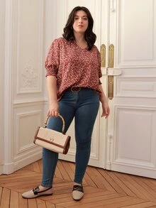 SHEIN Frenchy Áo sơ mi Plus Size viền lá sen Dải chun Họa tiết hoa Boho - Nhiều màu - Xem 7