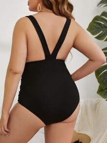 SHEIN Swim Curve Plus Size Rib Ruched One Piece Swimsuit Summer - Black - View 2