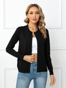 DEARCASE Solid Button Front Cardigan,Long Sleeve Tops