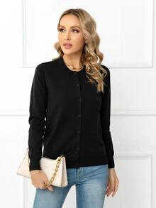 DEARCASE Solid Button Front Cardigan,Long Sleeve Tops