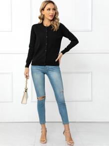 DEARCASE Solid Button Front Cardigan,Long Sleeve Tops