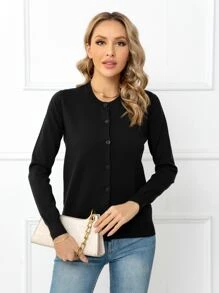 DEARCASE Solid Button Front Cardigan,Long Sleeve Tops